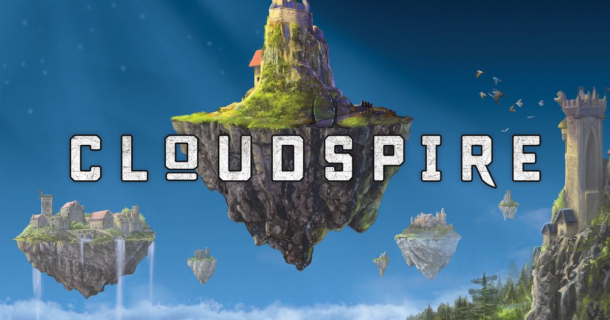 Box art for Cloudspire showing floating spire structures over a fantasy battlefield.