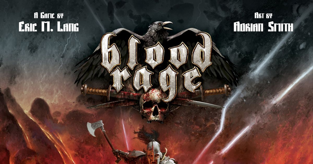 Box art for Blood Rage showing Viking warriors and monstrous figures clashing beneath a stormy sky.