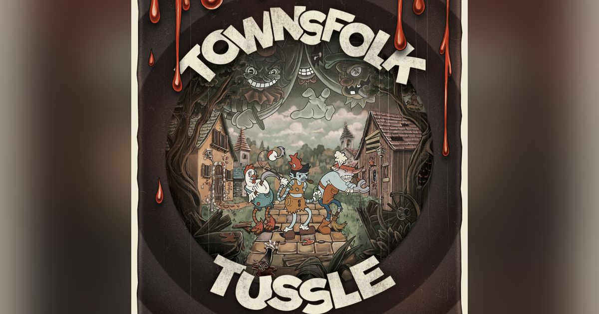 Box art for Townsfolk Tussle showing a group of villagers facing off against an oversized boss creature.