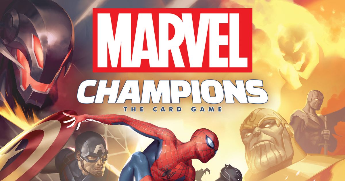 Box art for Marvel Champions: The Card Game showing Marvel heroes in dynamic action poses.