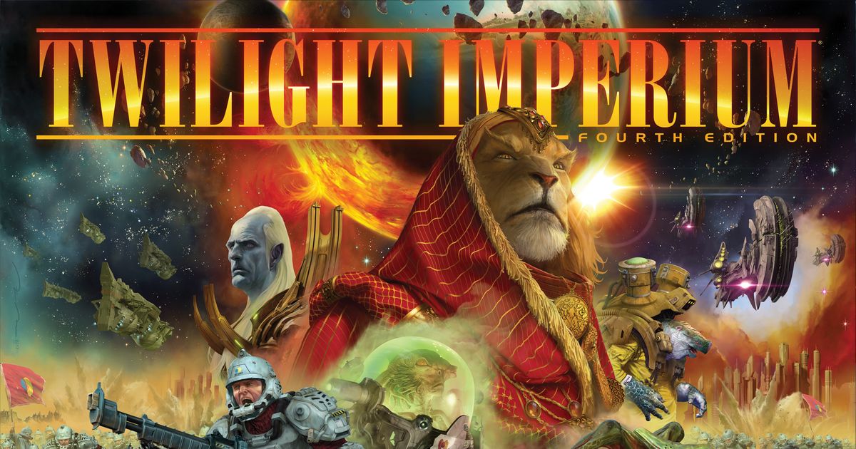Box art for Twilight Imperium showing rival galactic factions and starships arrayed across the stars.