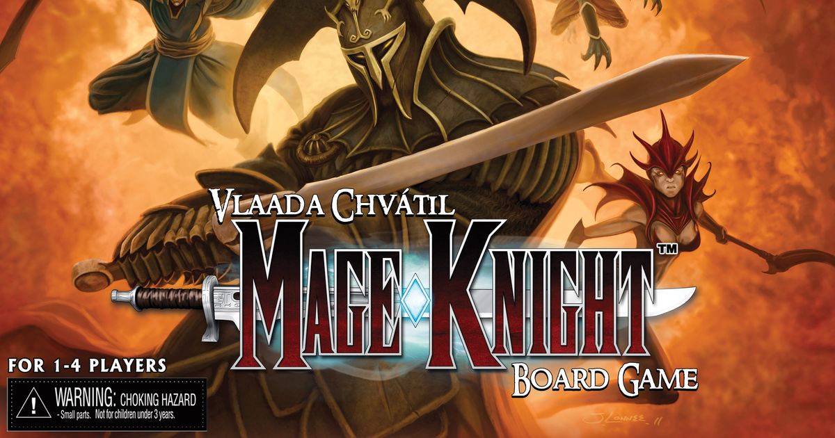 Box art for Mage Knight Board Game showing an armored knight wielding a sword against a fiery backdrop.